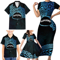 Personalised Pohnpei Nukuoro Micronesia Family Matching Short Sleeve Bodycon Dress and Hawaiian Shirt Polynesian Tattoo Curves Blue Version LT14 - Polynesian Pride