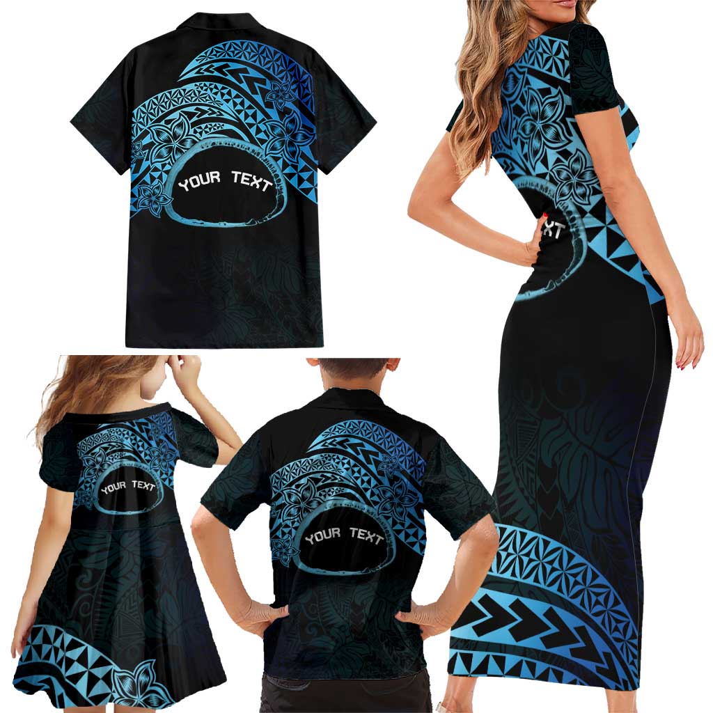 Personalised Pohnpei Nukuoro Micronesia Family Matching Short Sleeve Bodycon Dress and Hawaiian Shirt Polynesian Tattoo Curves Blue Version LT14 - Polynesian Pride