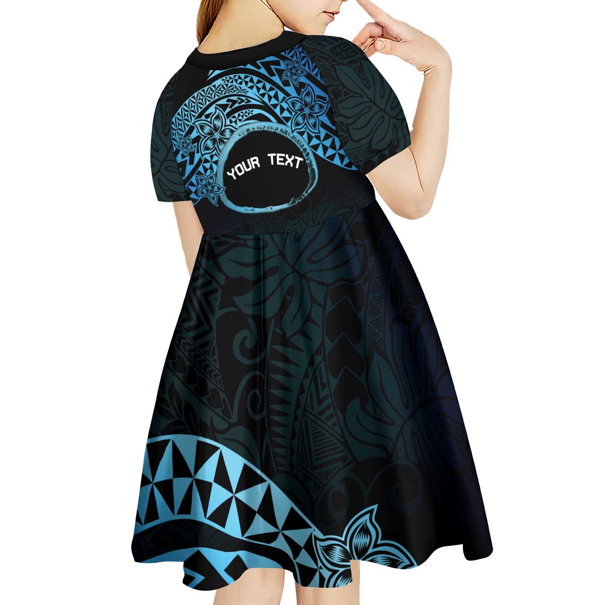 Personalised Pohnpei Nukuoro Micronesia Kid Short Sleeve Dress Polynesian Tattoo Curves Blue Version LT14 - Polynesian Pride