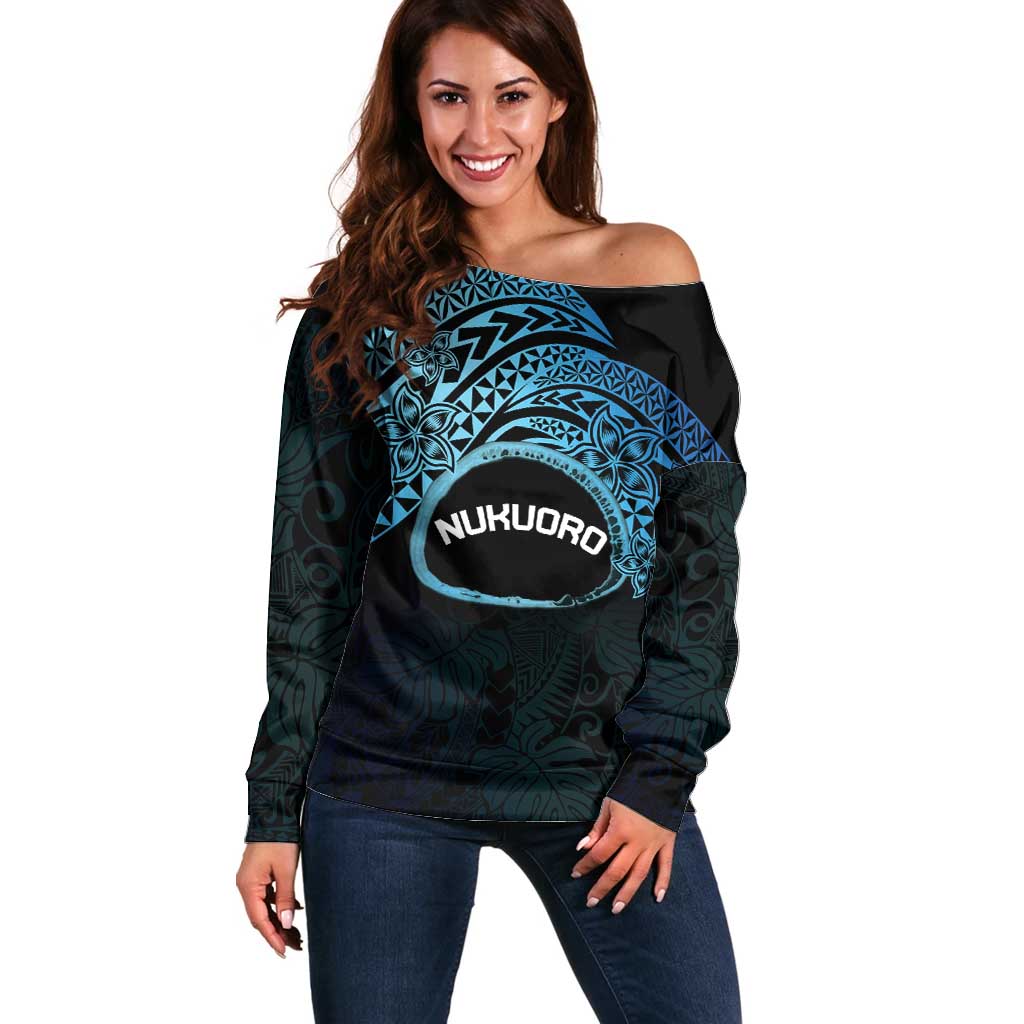 Personalised Pohnpei Nukuoro Micronesia Off Shoulder Sweater Polynesian Tattoo Curves Blue Version LT14 Women Blue - Polynesian Pride