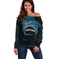 Personalised Pohnpei Nukuoro Micronesia Off Shoulder Sweater Polynesian Tattoo Curves Blue Version LT14 Women Blue - Polynesian Pride