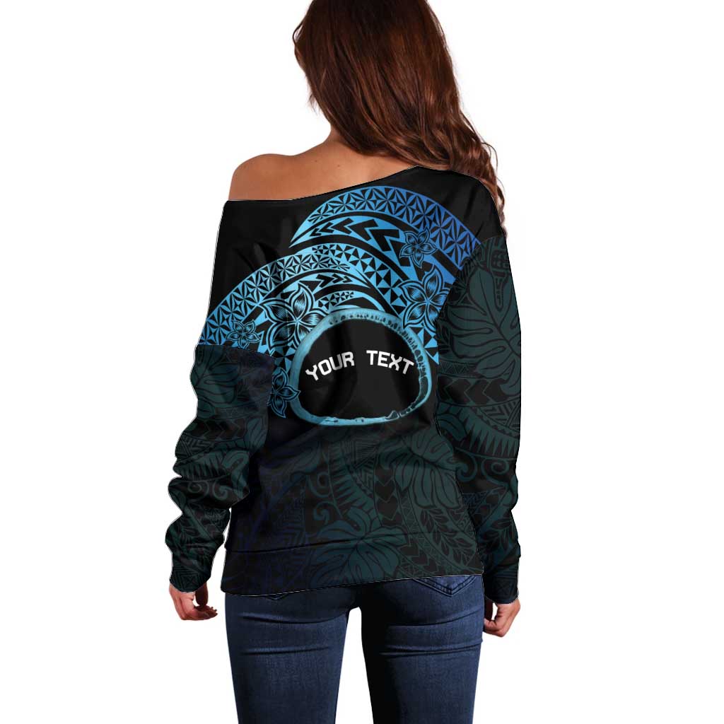 Personalised Pohnpei Nukuoro Micronesia Off Shoulder Sweater Polynesian Tattoo Curves Blue Version LT14 - Polynesian Pride