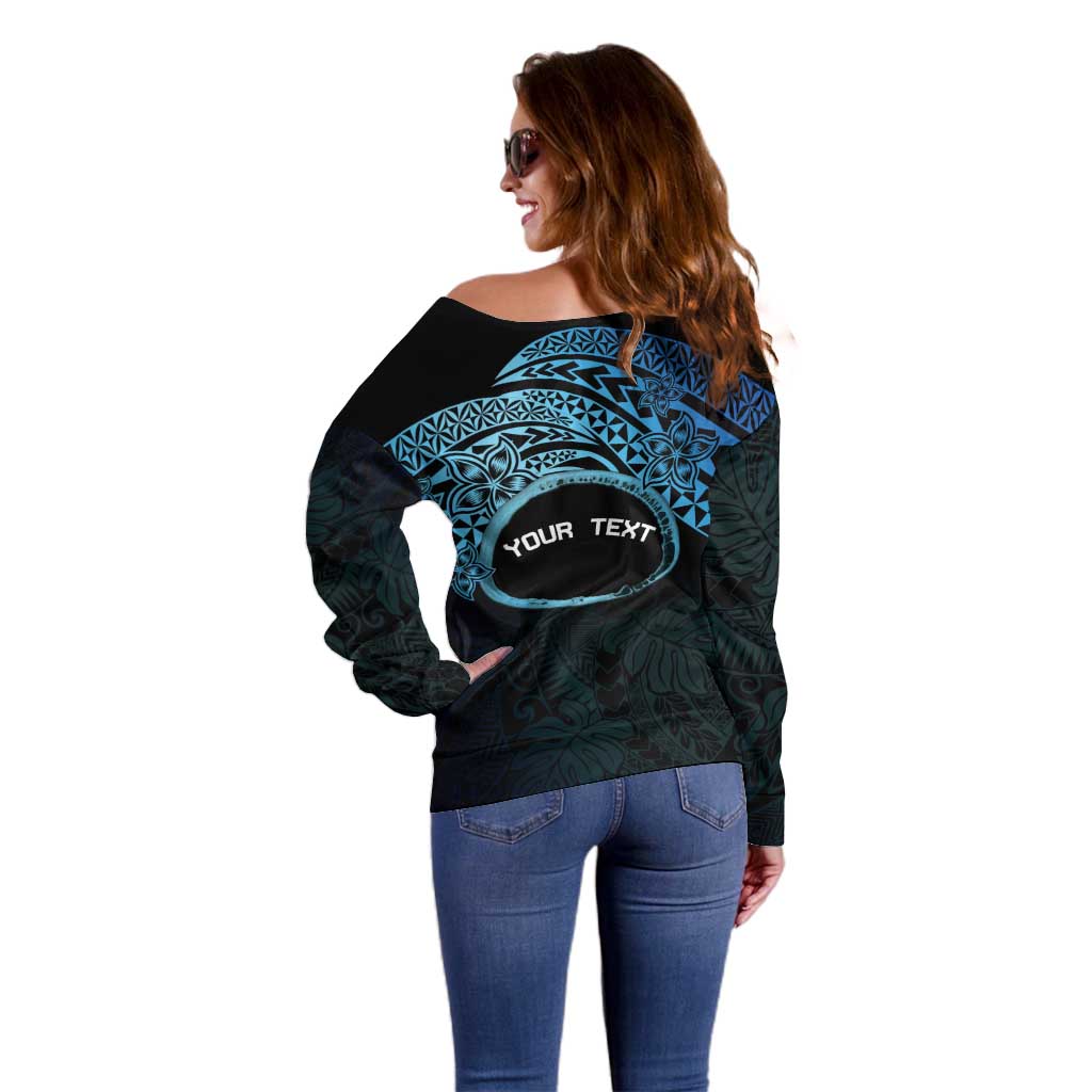 Personalised Pohnpei Nukuoro Micronesia Off Shoulder Sweater Polynesian Tattoo Curves Blue Version LT14 - Polynesian Pride