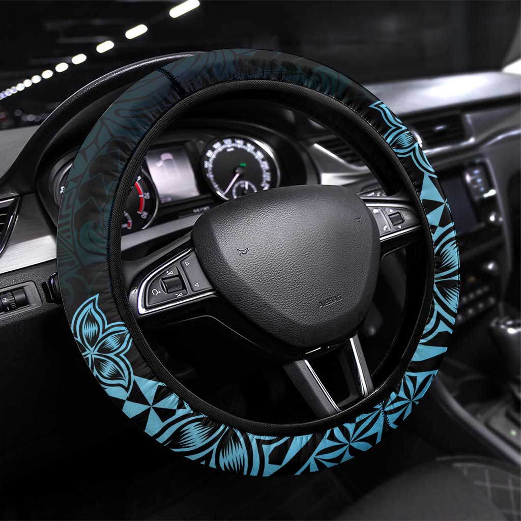 Pohnpei Nukuoro Micronesia Steering Wheel Cover Polynesian Tattoo Curves Blue Version LT14 Universal Fit Blue - Polynesian Pride
