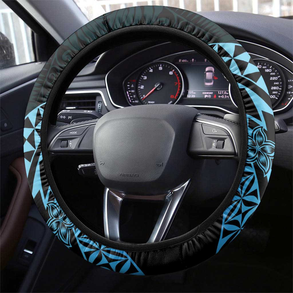Pohnpei Nukuoro Micronesia Steering Wheel Cover Polynesian Tattoo Curves Blue Version LT14 - Polynesian Pride