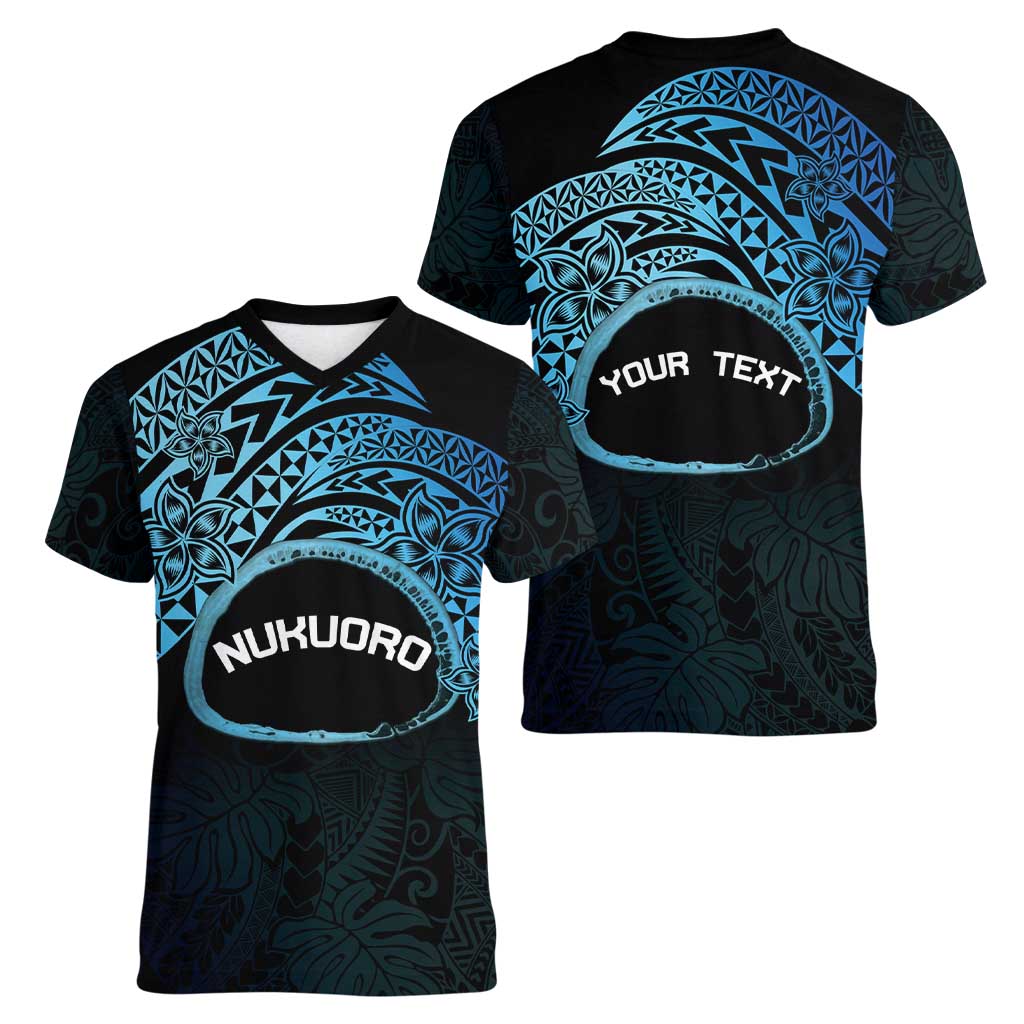 Personalised Pohnpei Nukuoro Micronesia Women V-Neck T-Shirt Polynesian Tattoo Curves Blue Version