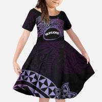 Personalised Pohnpei Nukuoro Micronesia Family Matching Long Sleeve Bodycon Dress and Hawaiian Shirt Polynesian Tattoo Curves Purple Version LT14 Daughter's Dress Purple - Polynesian Pride