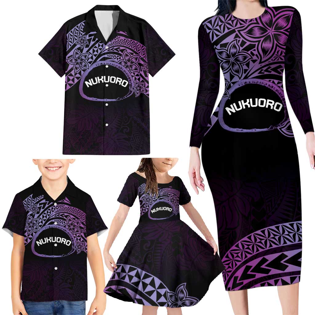 Personalised Pohnpei Nukuoro Micronesia Family Matching Long Sleeve Bodycon Dress and Hawaiian Shirt Polynesian Tattoo Curves Purple Version LT14 - Polynesian Pride
