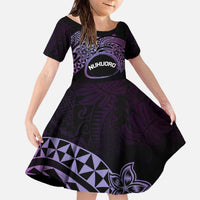 Personalised Pohnpei Nukuoro Micronesia Family Matching Off The Shoulder Long Sleeve Dress and Hawaiian Shirt Polynesian Tattoo Curves Purple Version LT14 Daughter's Dress Purple - Polynesian Pride