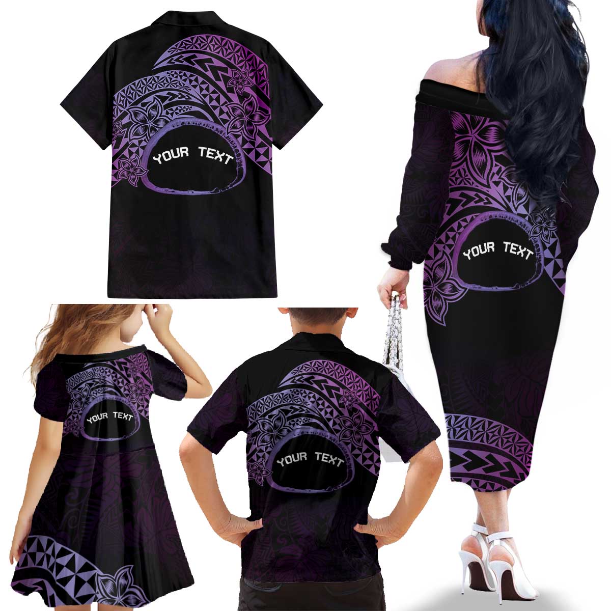 Personalised Pohnpei Nukuoro Micronesia Family Matching Off The Shoulder Long Sleeve Dress and Hawaiian Shirt Polynesian Tattoo Curves Purple Version LT14 - Polynesian Pride