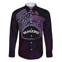 Personalised Pohnpei Nukuoro Micronesia Family Matching Off The Shoulder Long Sleeve Dress and Hawaiian Shirt Polynesian Tattoo Curves Purple Version LT14 Dad's Shirt - Long Sleeve Purple - Polynesian Pride