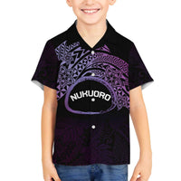 Personalised Pohnpei Nukuoro Micronesia Family Matching Off The Shoulder Long Sleeve Dress and Hawaiian Shirt Polynesian Tattoo Curves Purple Version LT14 Son's Shirt Purple - Polynesian Pride