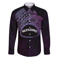 Personalised Pohnpei Nukuoro Micronesia Family Matching Off Shoulder Maxi Dress and Hawaiian Shirt Polynesian Tattoo Curves Purple Version LT14 Dad's Shirt - Long Sleeve Purple - Polynesian Pride