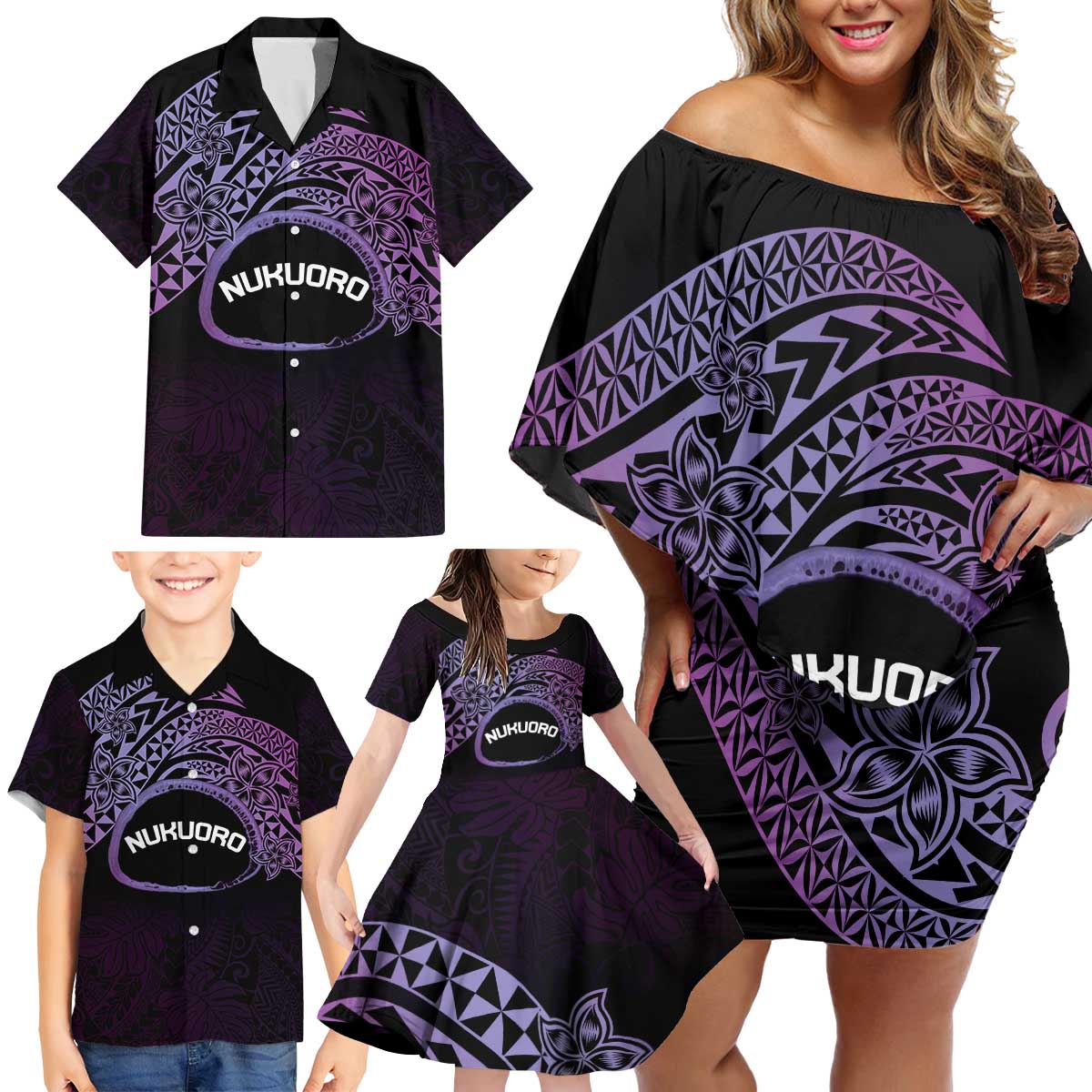 Personalised Pohnpei Nukuoro Micronesia Family Matching Off Shoulder Short Dress and Hawaiian Shirt Polynesian Tattoo Curves Purple Version LT14 - Polynesian Pride