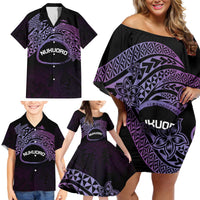 Personalised Pohnpei Nukuoro Micronesia Family Matching Off Shoulder Short Dress and Hawaiian Shirt Polynesian Tattoo Curves Purple Version LT14 - Polynesian Pride