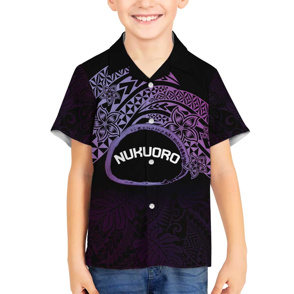 Personalised Pohnpei Nukuoro Micronesia Family Matching Off Shoulder Short Dress and Hawaiian Shirt Polynesian Tattoo Curves Purple Version LT14 Son's Shirt Purple - Polynesian Pride
