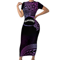 Personalised Pohnpei Nukuoro Micronesia Family Matching Short Sleeve Bodycon Dress and Hawaiian Shirt Polynesian Tattoo Curves Purple Version LT14 Mom's Dress Purple - Polynesian Pride