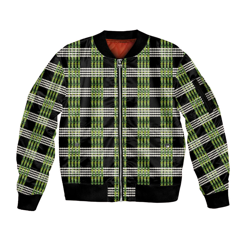 Aloha Hawaii Pakalana Pikake Lei Sleeve Zip Bomber Jacket Palaka Inspired Hawaiian-plaid Black LT14 Unisex Black - Polynesian Pride