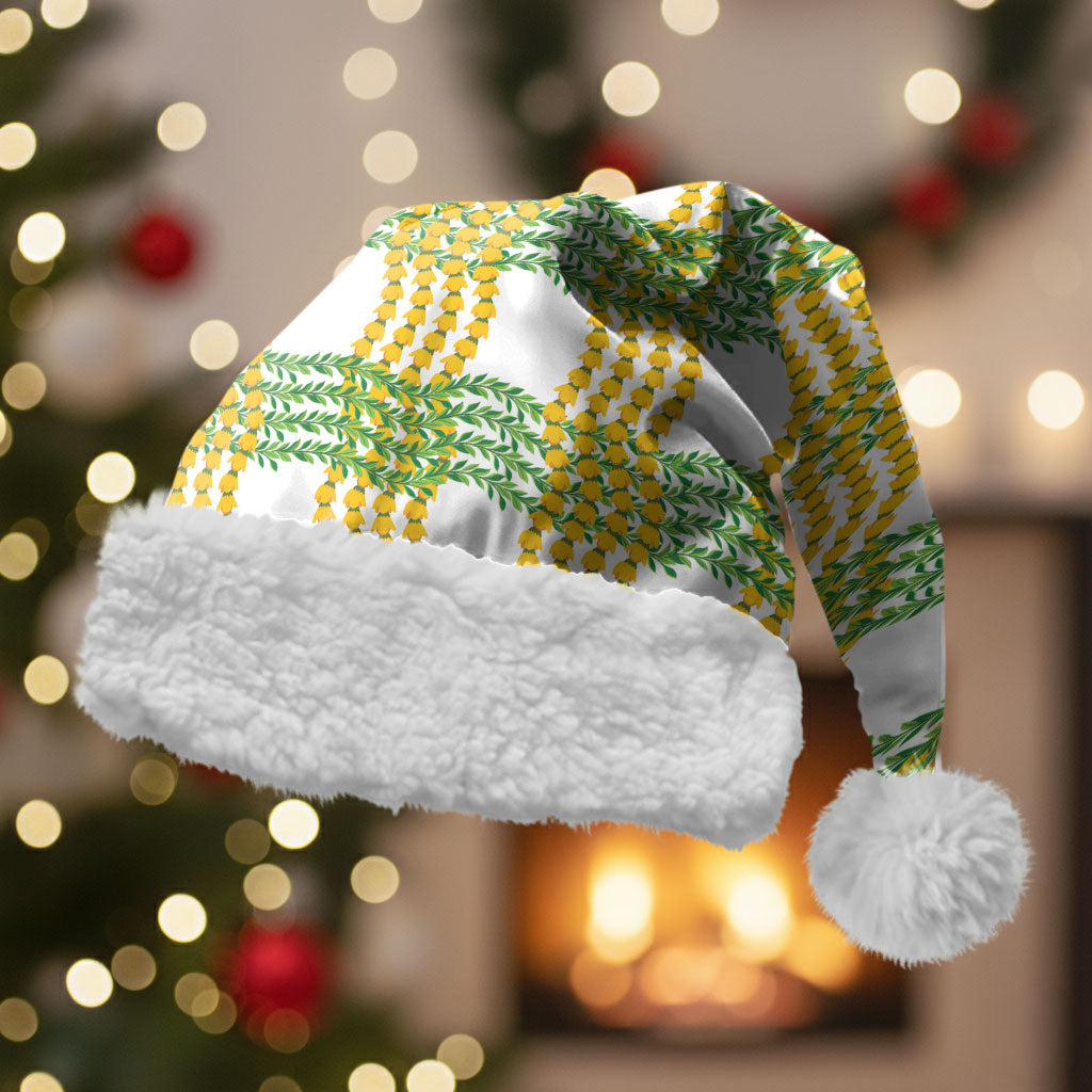 Aloha Hawaii Ilima Maile Lei Christmas Santa Hat Palaka Inspired Hawaiian-plaid White LT14 With Fur White - Polynesian Pride