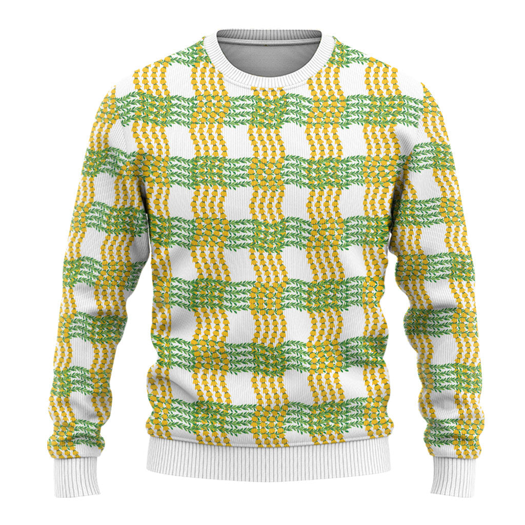 Aloha Hawaii Ilima Maile Lei Ugly Christmas Sweater Palaka Inspired Hawaiian-plaid White LT14 - Polynesian Pride
