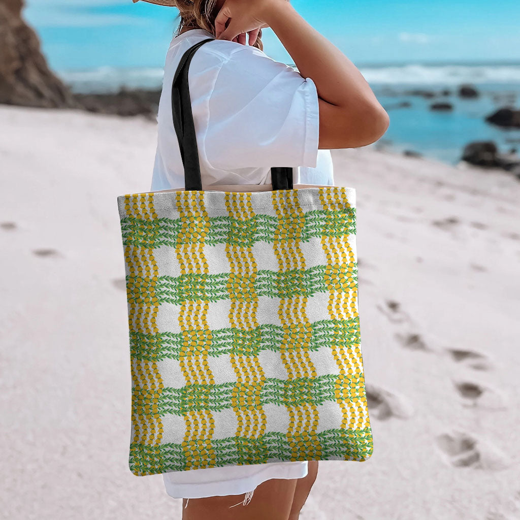 Aloha Hawaii Ilima Maile Lei Tote Bag Palaka Inspired Hawaiian-plaid White LT14 - Polynesian Pride