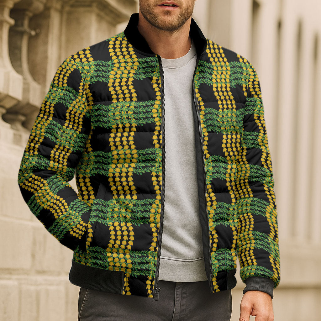 Aloha Hawaii Ilima Maile Lei Bomber Puffer Jacket Palaka Inspired Hawaiian-plaid Black LT14 - Polynesian Pride