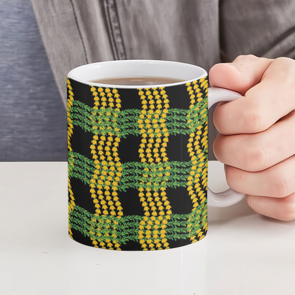 Aloha Hawaii Ilima Maile Lei Ceramic Mug Palaka Inspired Hawaiian-plaid Black LT14 - Polynesian Pride