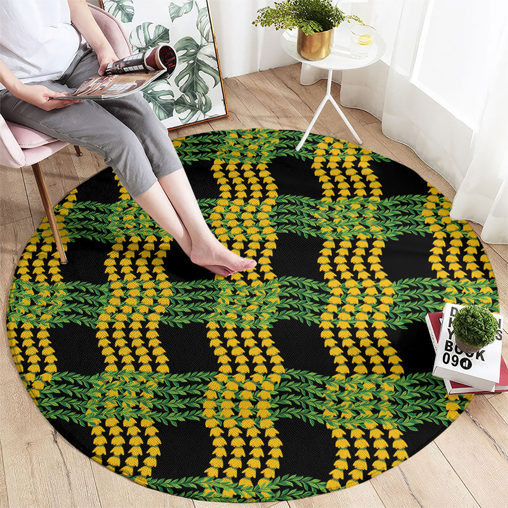 Aloha Hawaii Ilima Maile Lei Round Carpet Palaka Inspired Hawaiian-plaid Black LT14 - Polynesian Pride