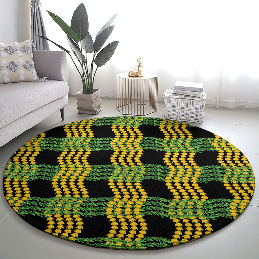 Aloha Hawaii Ilima Maile Lei Round Carpet Palaka Inspired Hawaiian-plaid Black LT14 - Polynesian Pride