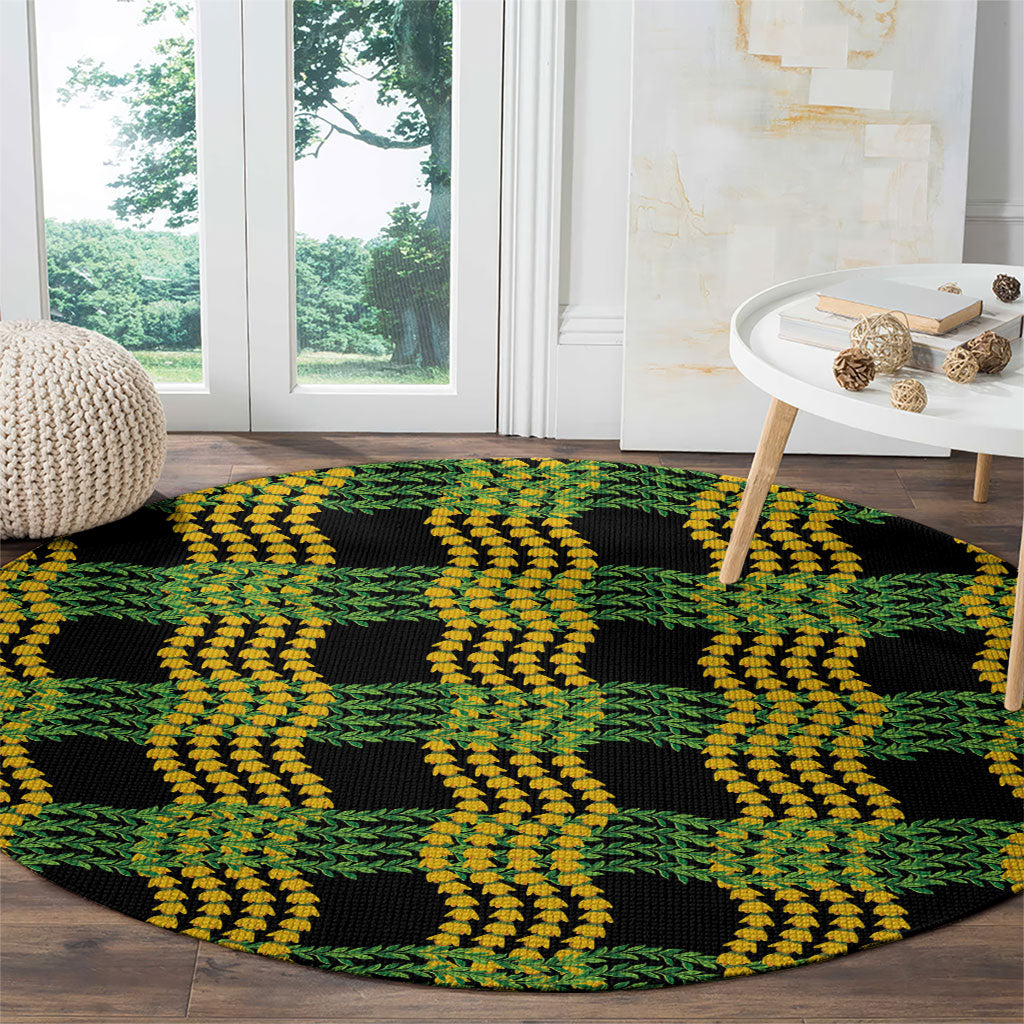 Aloha Hawaii Ilima Maile Lei Round Carpet Palaka Inspired Hawaiian-plaid Black LT14 - Polynesian Pride