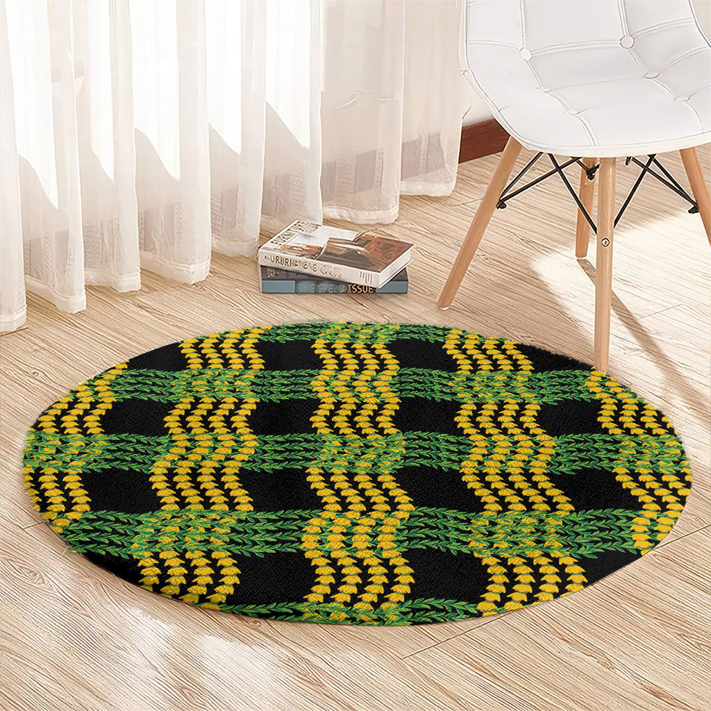 Aloha Hawaii Ilima Maile Lei Round Carpet Palaka Inspired Hawaiian-plaid Black LT14 - Polynesian Pride