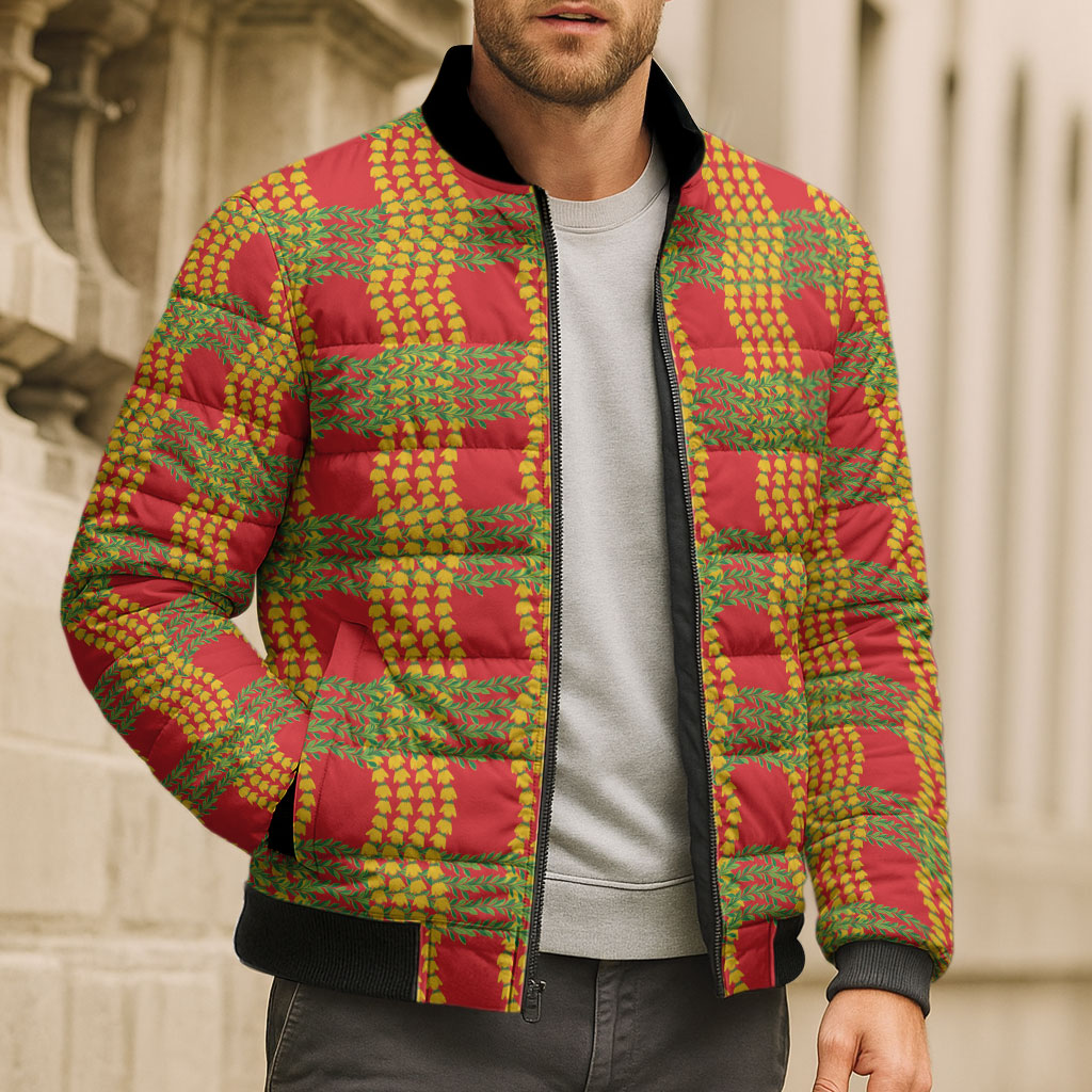 Aloha Hawaii Ilima Maile Lei Bomber Puffer Jacket Palaka Inspired Hawaiian-plaid Red LT14 - Polynesian Pride