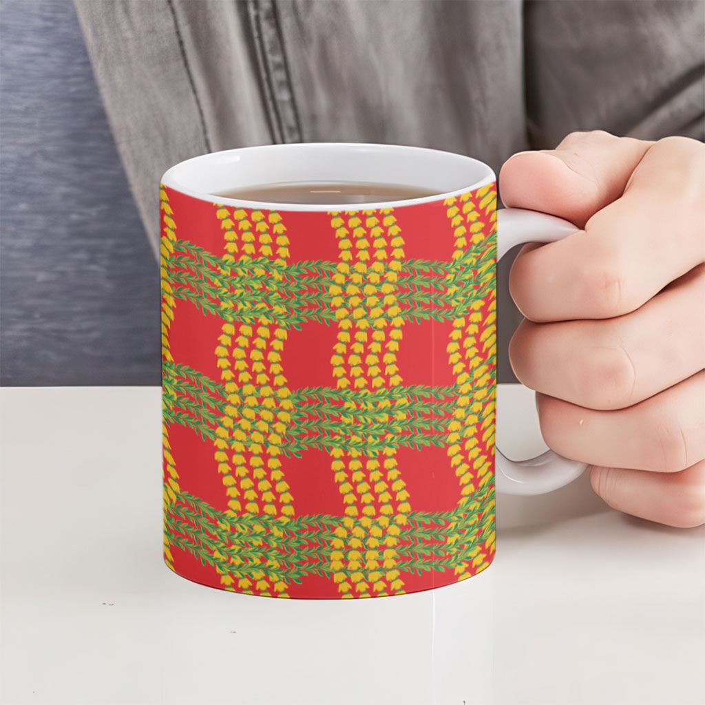 Aloha Hawaii Ilima Maile Lei Ceramic Mug Palaka Inspired Hawaiian-plaid Red LT14 - Polynesian Pride