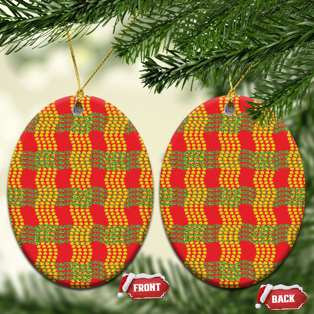 Aloha Hawaii Ilima Maile Lei Ceramic Ornament Palaka Inspired Hawaiian-plaid Red LT14 Oval Red - Polynesian Pride