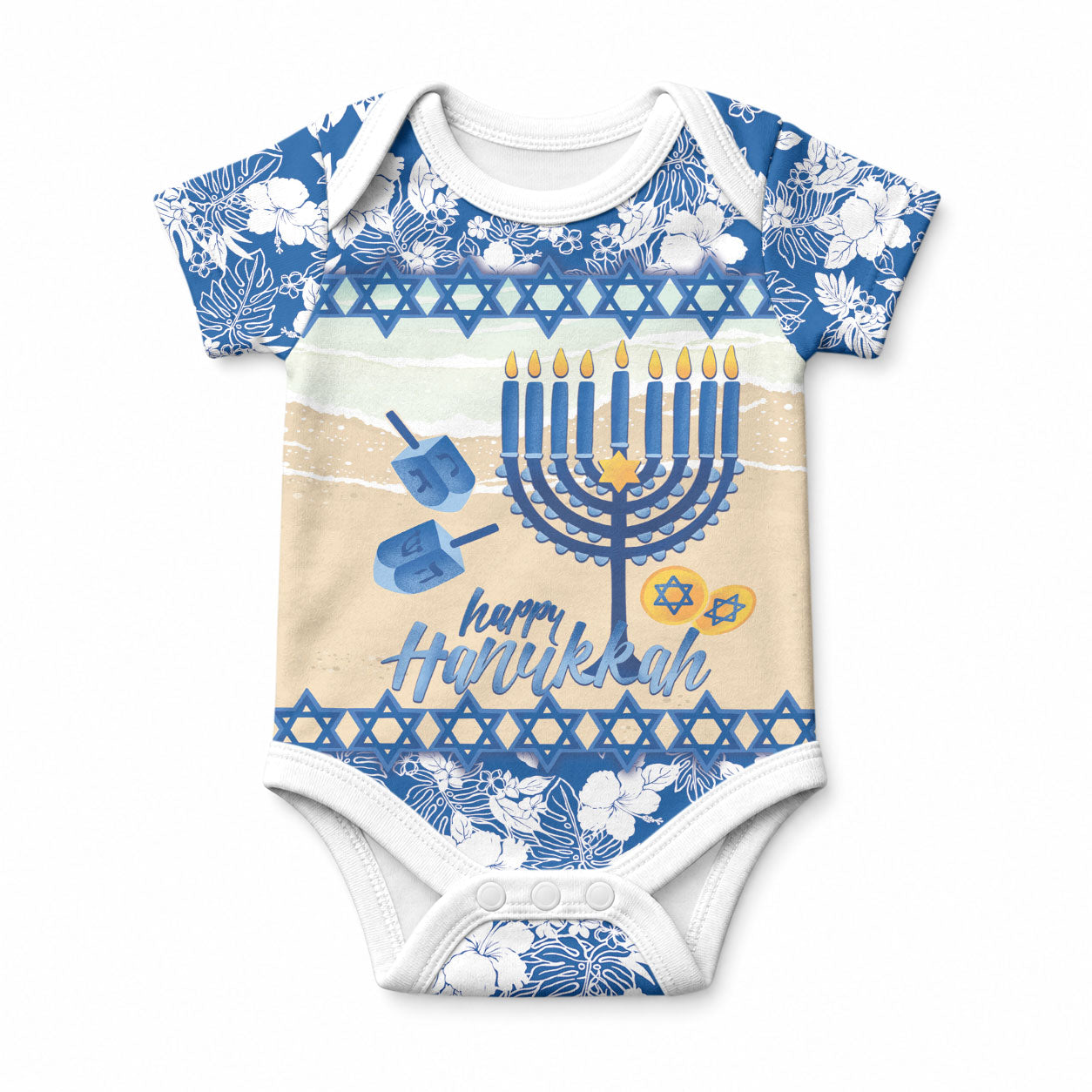 Chanukah Jewish Hawaii Baby Onesie Festival of Lights Hanukkah Menorah Tropical Flowers LT14 Blue - Polynesian Pride