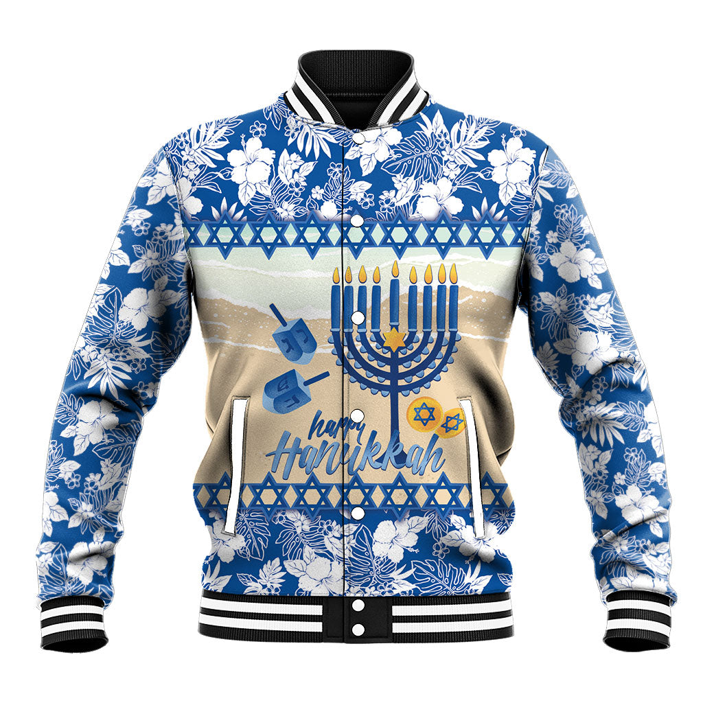 Chanukah Jewish Hawaii Baseball Jacket Festival of Lights Hanukkah Menorah Tropical Flowers LT14 Unisex Blue - Polynesian Pride