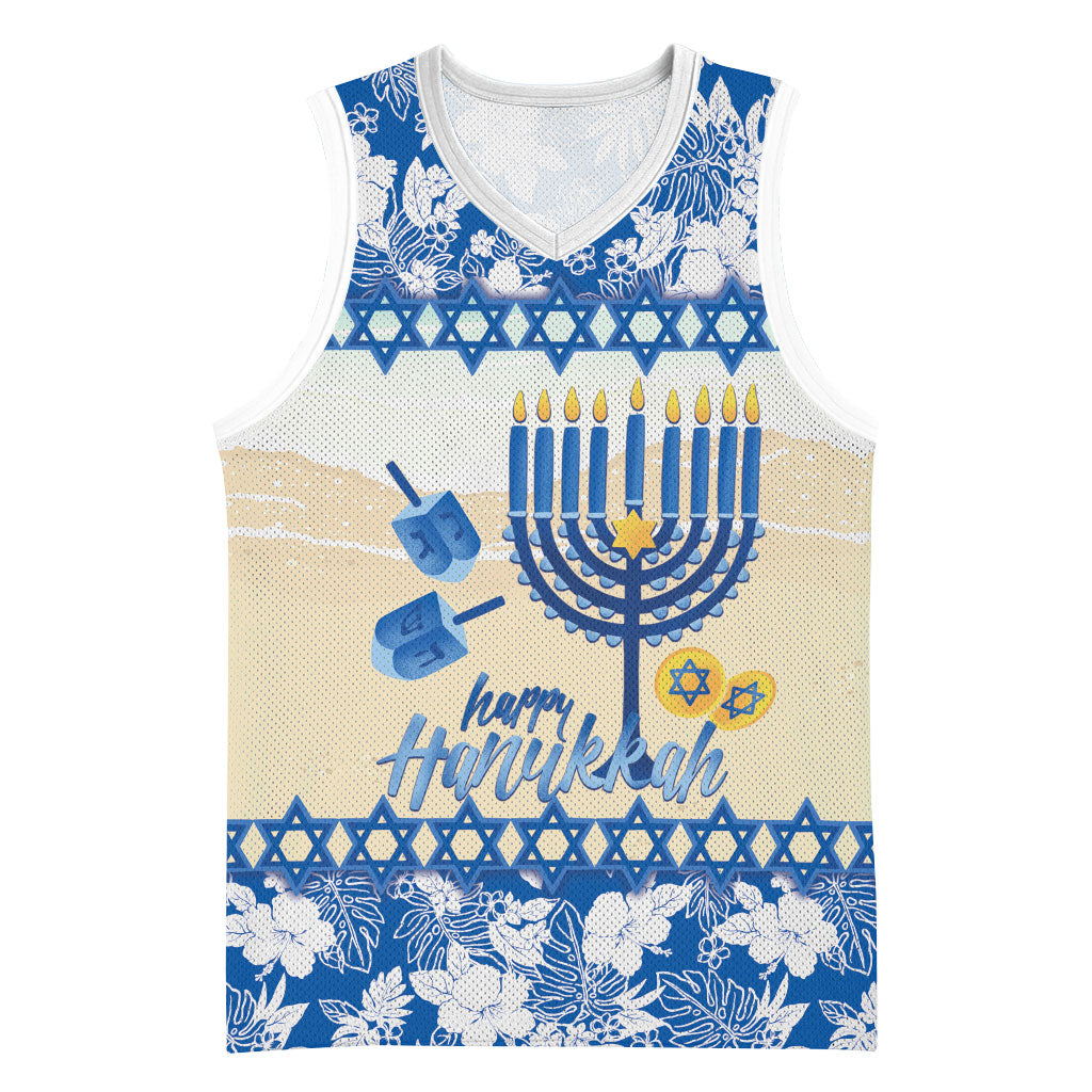 Chanukah Jewish Hawaii Basketball Jersey Festival of Lights Hanukkah Menorah Tropical Flowers LT14 Unisex Blue - Polynesian Pride