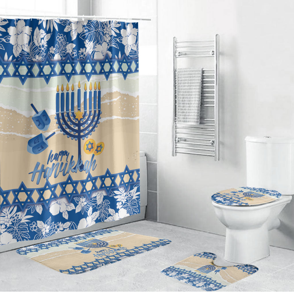 Chanukah Jewish Hawaii Bathroom Set Festival of Lights Hanukkah Menorah Tropical Flowers LT14 Bathroom Set (4 pcs) Blue - Polynesian Pride
