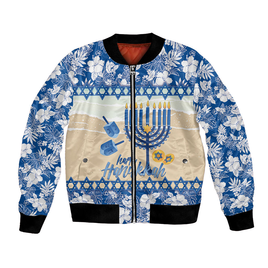 Chanukah Jewish Hawaii Bomber Jacket Festival of Lights Hanukkah Menorah Tropical Flowers LT14 Unisex Blue - Polynesian Pride