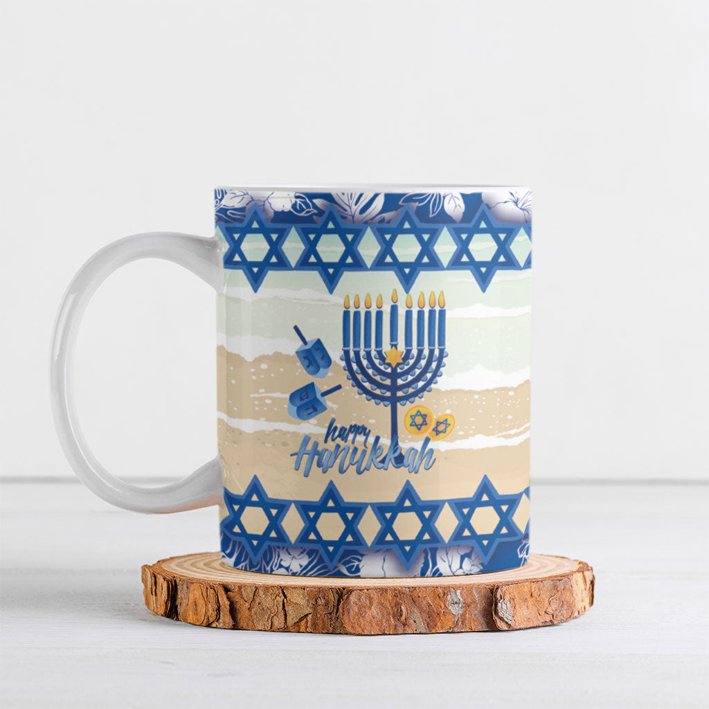 Chanukah Jewish Hawaii Ceramic Mug Festival of Lights Hanukkah Menorah Tropical Flowers LT14 Blue - Polynesian Pride