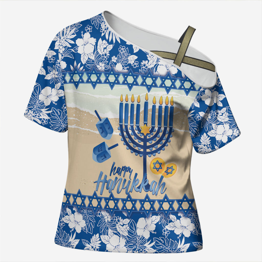 Chanukah Jewish Hawaii Cross Shoulder Shirt Festival of Lights Hanukkah Menorah Tropical Flowers