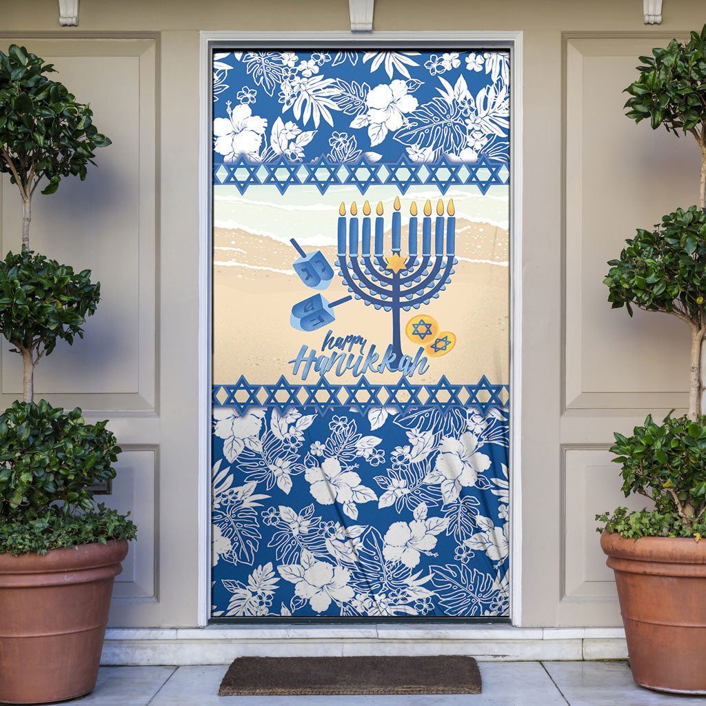 Chanukah Jewish Hawaii Door Cover Festival of Lights Hanukkah Menorah Tropical Flowers LT14 Blue - Polynesian Pride