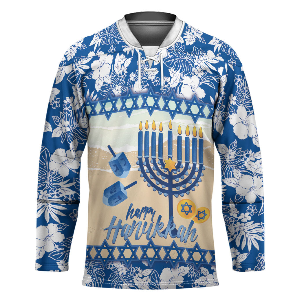 Chanukah Jewish Hawaii Hockey Jersey Festival of Lights Hanukkah Menorah Tropical Flowers LT14 Unisex Blue - Polynesian Pride
