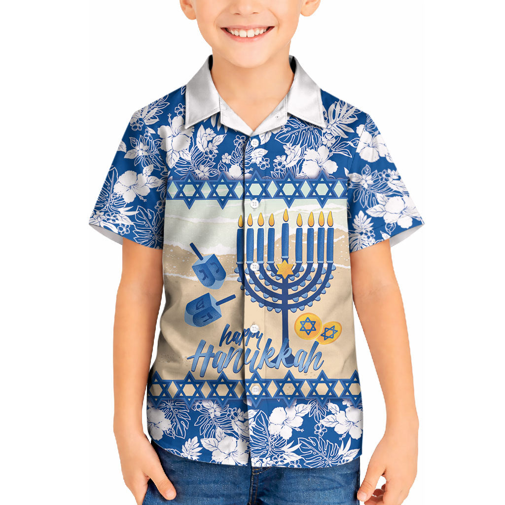 Chanukah Jewish Hawaii Kid Hawaiian Shirt Festival of Lights Hanukkah Menorah Tropical Flowers LT14 Kid Blue - Polynesian Pride