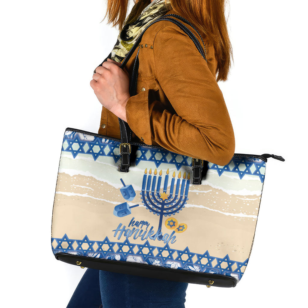 Chanukah Jewish Hawaii Leather Tote Bag Festival of Lights Hanukkah Menorah Tropical Flowers LT14 Blue - Polynesian Pride