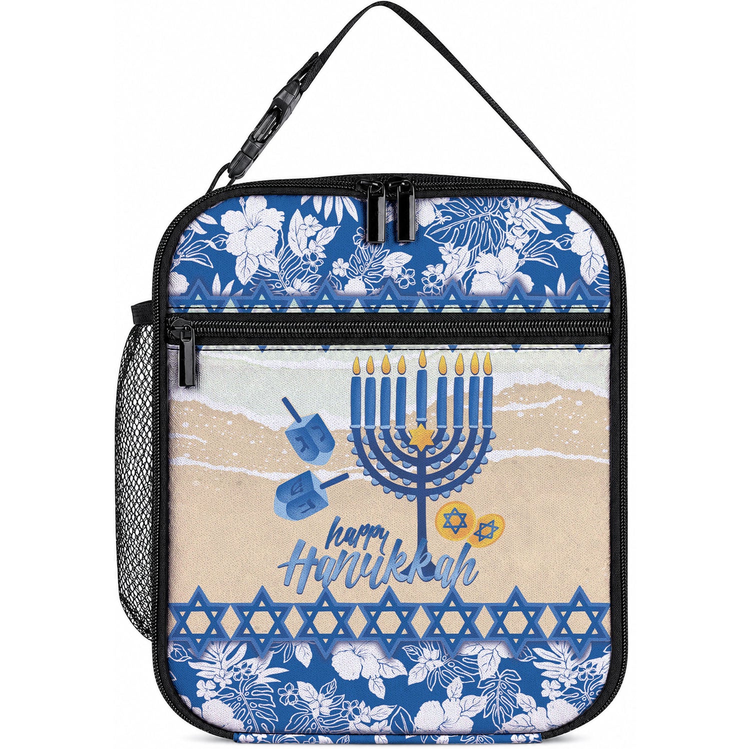 Chanukah Jewish Hawaii Lunch Bag Festival of Lights Hanukkah Menorah Tropical Flowers LT14 10.2 × 8.3 × 4.3 inch Blue - Polynesian Pride
