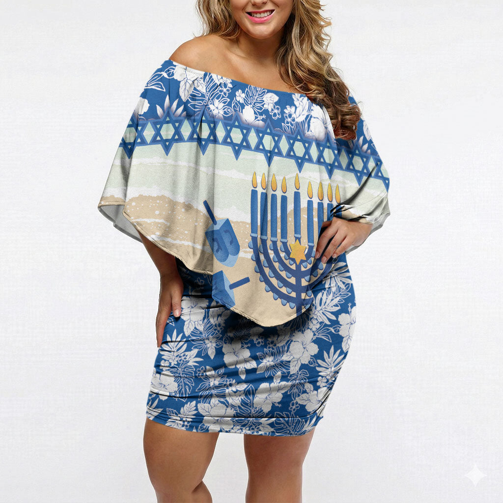 Chanukah Jewish Hawaii Off Shoulder Short Dress Festival of Lights Hanukkah Menorah Tropical Flowers LT14 Women Blue - Polynesian Pride