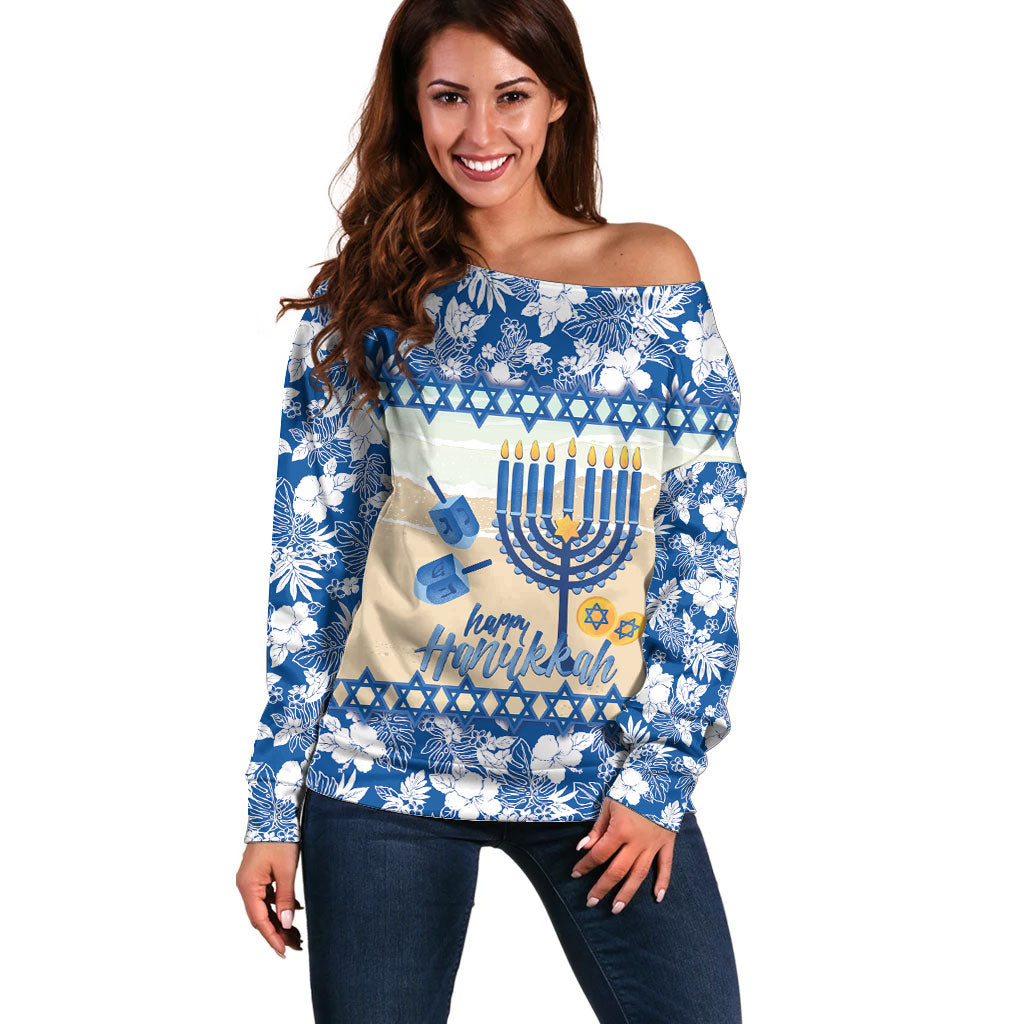 Chanukah Jewish Hawaii Off Shoulder Sweater Festival of Lights Hanukkah Menorah Tropical Flowers LT14 Women Blue - Polynesian Pride