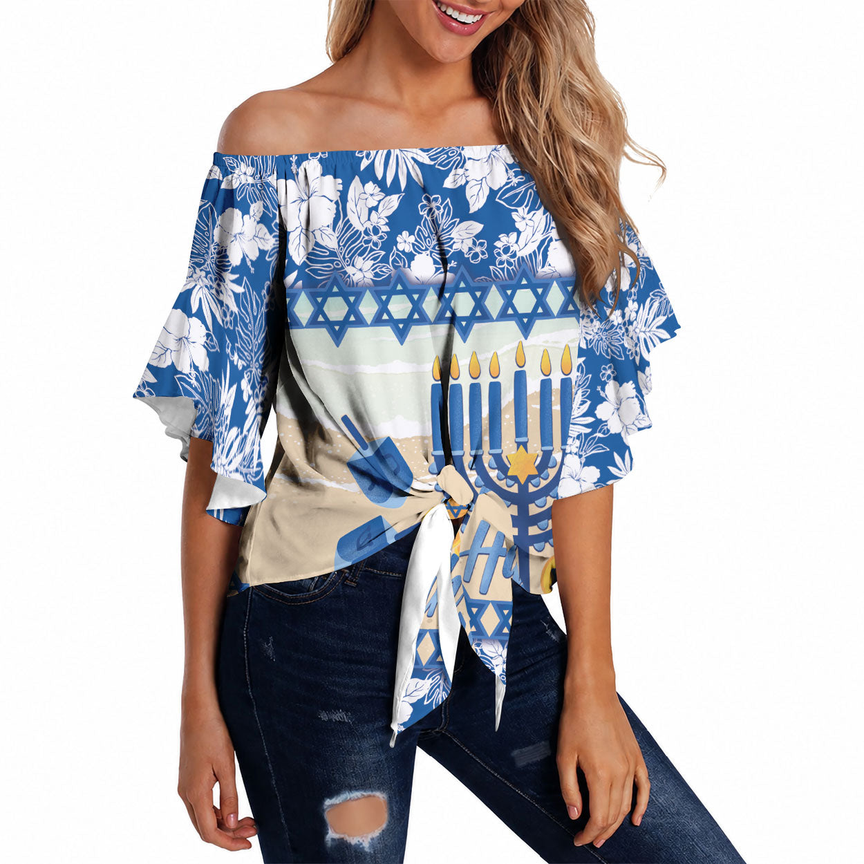 Chanukah Jewish Hawaii Off Shoulder Wrap Waist Top Festival of Lights Hanukkah Menorah Tropical Flowers LT14 Blue - Polynesian Pride