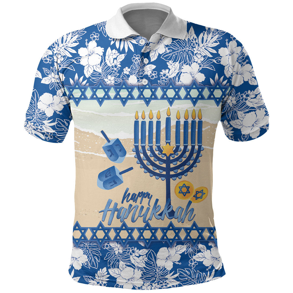 Chanukah Jewish Hawaii Polo Shirt Festival of Lights Hanukkah Menorah Tropical Flowers LT14 Blue - Polynesian Pride